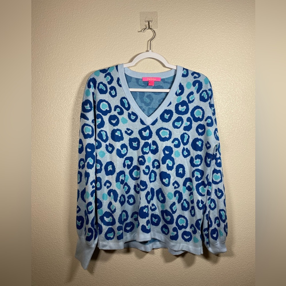 Lilly Pulitzer Blue Leopard Print V-Neck Sweater